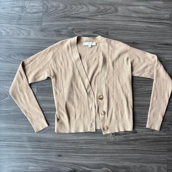 LOFT Tan Cardigan Sweater V-Neck Knit - Picture 1 of 7